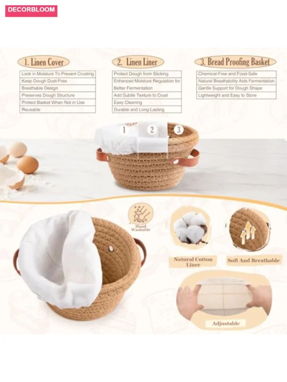6-Piece Mini Bread Proofing Basket Set, Cotton Rope Sourdough Baking Supplies